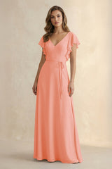 Ruffled V - Neck Chiffon A - Line Bridesmaid Dress in Rosette - KissProm Bridesmaid Dresses