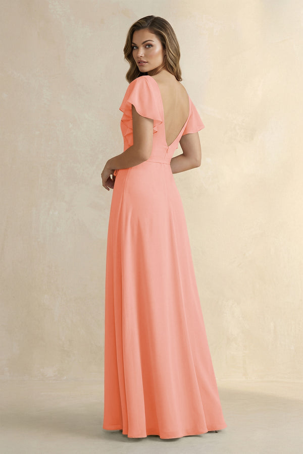 Ruffled V - Neck Chiffon A - Line Bridesmaid Dress in Rosette - KissProm Bridesmaid Dresses