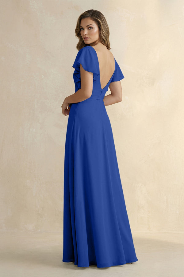 Ruffled V - Neck Chiffon A - Line Bridesmaid Dress in Royal Blue - KissProm Bridesmaid Dresses
