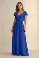 Ruffled V - Neck Chiffon A - Line Bridesmaid Dress in Royal Blue - KissProm Bridesmaid Dresses