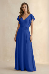Ruffled V - Neck Chiffon A - Line Bridesmaid Dress in Royal Blue - KissProm Bridesmaid Dresses