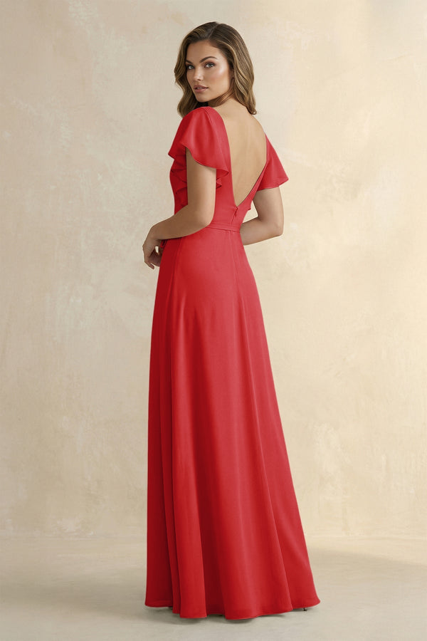 Ruffled V - Neck Chiffon A - Line Bridesmaid Dress in Ruby Red - KissProm Bridesmaid Dresses