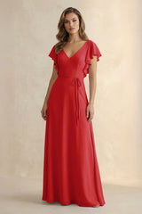 Ruffled V - Neck Chiffon A - Line Bridesmaid Dress in Ruby Red - KissProm Bridesmaid Dresses