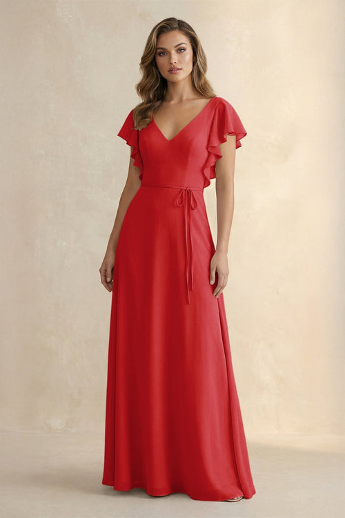 Ruffled V - Neck Chiffon A - Line Bridesmaid Dress in Ruby Red - KissProm Bridesmaid Dresses