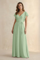 Ruffled V - Neck Chiffon A - Line Bridesmaid Dress in Sage - KissProm Bridesmaid Dresses