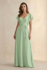 Ruffled V - Neck Chiffon A - Line Bridesmaid Dress in Sage - KissProm Bridesmaid Dresses