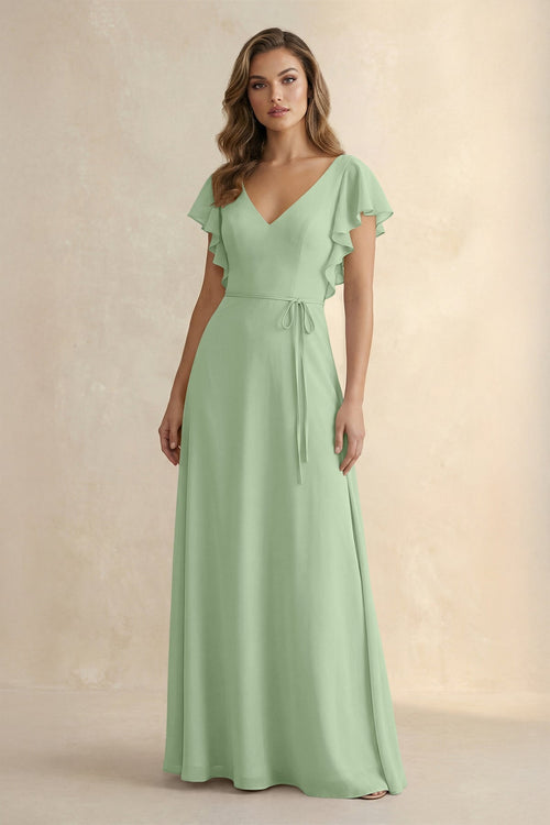 Ruffled V - Neck Chiffon A - Line Bridesmaid Dress in Sage - KissProm Bridesmaid Dresses