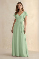 Ruffled V - Neck Chiffon A - Line Bridesmaid Dress in Sage - KissProm Bridesmaid Dresses