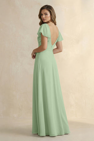 Ruffled V - Neck Chiffon A - Line Bridesmaid Dress in Sage - KissProm Bridesmaid Dresses