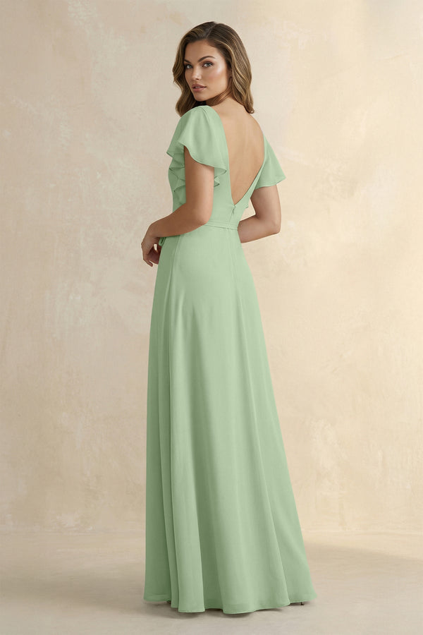 Ruffled V - Neck Chiffon A - Line Bridesmaid Dress in Sage - KissProm Bridesmaid Dresses