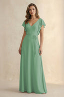 Ruffled V - Neck Chiffon A - Line Bridesmaid Dress in Sea Glass - KissProm Bridesmaid Dresses