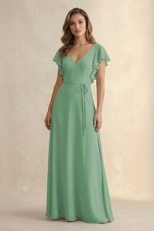 Ruffled V - Neck Chiffon A - Line Bridesmaid Dress in Sea Glass - KissProm Bridesmaid Dresses