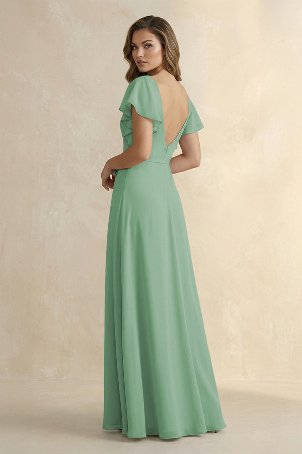 Ruffled V - Neck Chiffon A - Line Bridesmaid Dress in Sea Glass - KissProm Bridesmaid Dresses