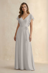 Ruffled V - Neck Chiffon A - Line Bridesmaid Dress in Silver - KissProm Bridesmaid Dresses