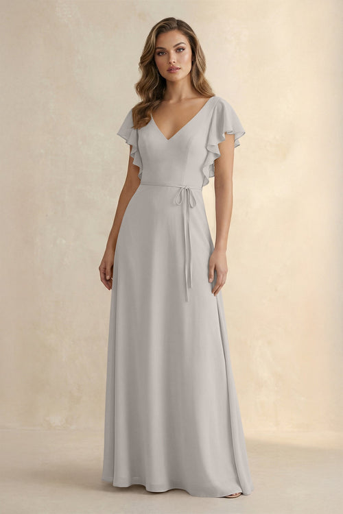 Ruffled V - Neck Chiffon A - Line Bridesmaid Dress in Silver - KissProm Bridesmaid Dresses