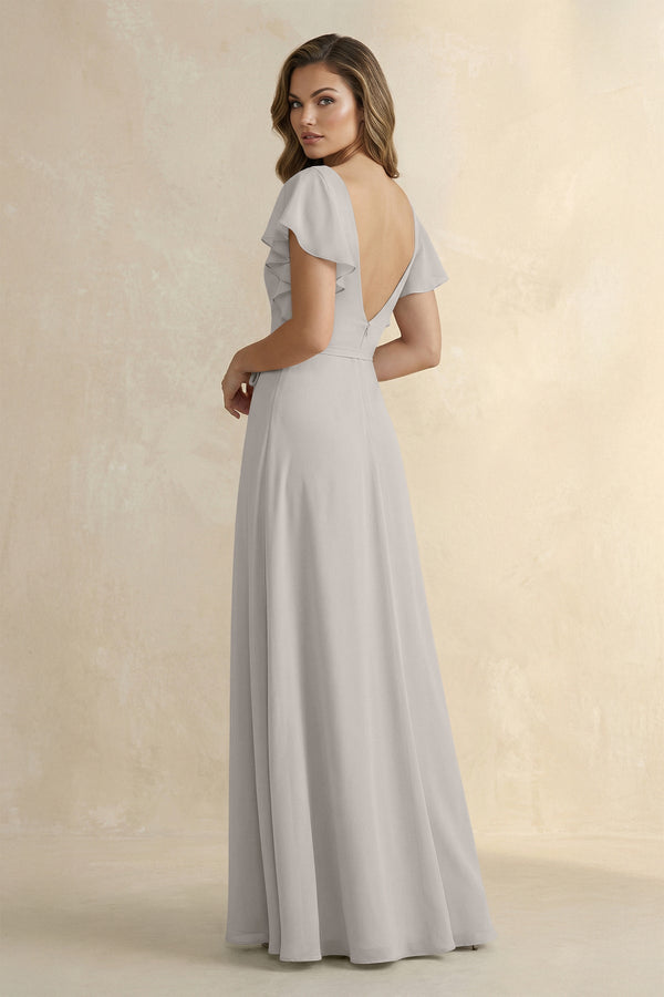 Ruffled V - Neck Chiffon A - Line Bridesmaid Dress in Silver - KissProm Bridesmaid Dresses