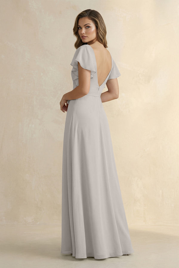 Ruffled V - Neck Chiffon A - Line Bridesmaid Dress in Silver - KissProm Bridesmaid Dresses