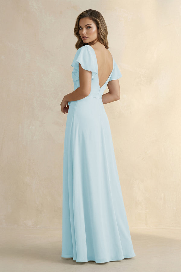 Ruffled V - Neck Chiffon A - Line Bridesmaid Dress in Sky Blue - KissProm Bridesmaid Dresses