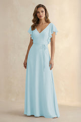 Ruffled V - Neck Chiffon A - Line Bridesmaid Dress in Sky Blue - KissProm Bridesmaid Dresses