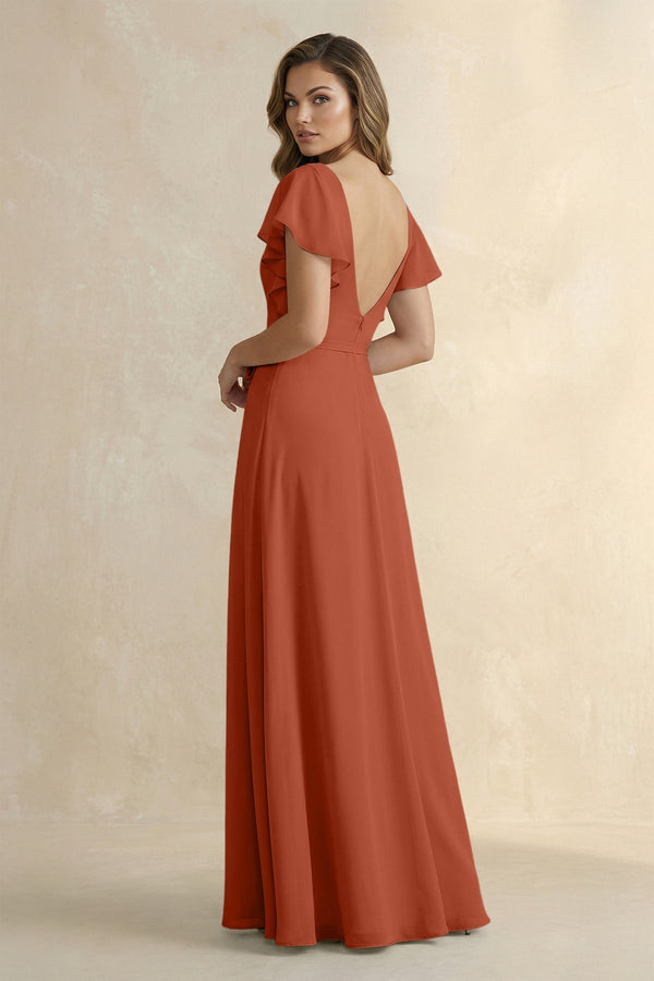 Ruffled V - Neck Chiffon A - Line Bridesmaid Dress in Spice - KissProm Bridesmaid Dresses
