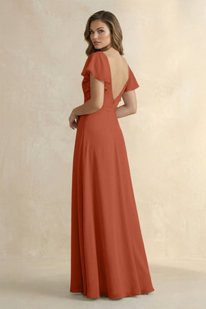Ruffled V - Neck Chiffon A - Line Bridesmaid Dress in Spice - KissProm Bridesmaid Dresses
