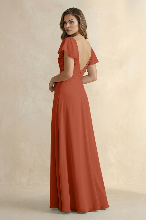 Ruffled V - Neck Chiffon A - Line Bridesmaid Dress in Spice - KissProm Bridesmaid Dresses