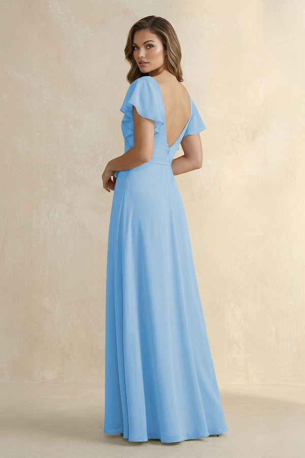 Ruffled V - Neck Chiffon A - Line Bridesmaid Dress in Steel Blue - KissProm Bridesmaid Dresses