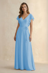 Ruffled V - Neck Chiffon A - Line Bridesmaid Dress in Steel Blue - KissProm Bridesmaid Dresses