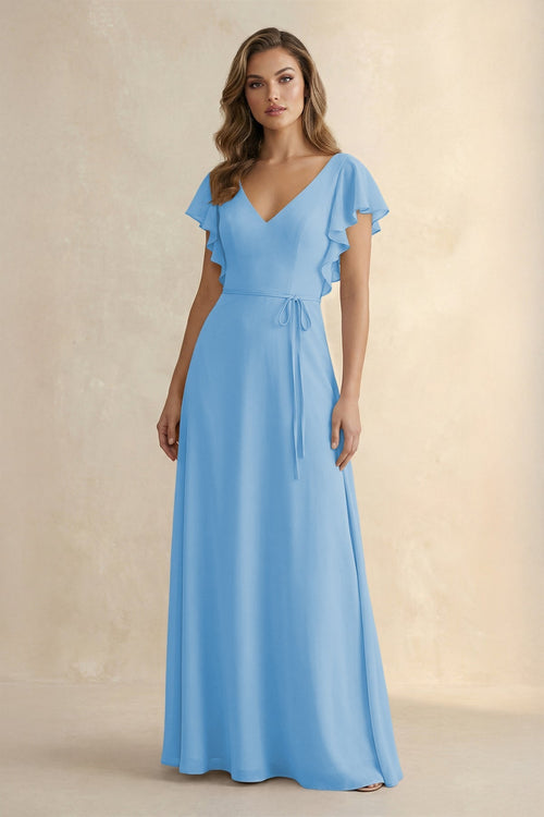 Ruffled V - Neck Chiffon A - Line Bridesmaid Dress in Steel Blue - KissProm Bridesmaid Dresses