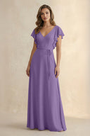Ruffled V - Neck Chiffon A - Line Bridesmaid Dress in Tahiti - KissProm Bridesmaid Dresses