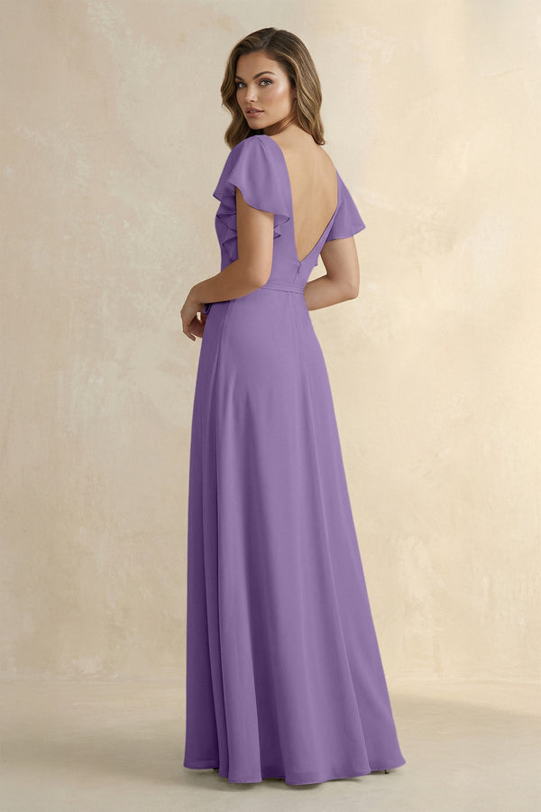 Ruffled V - Neck Chiffon A - Line Bridesmaid Dress in Tahiti - KissProm Bridesmaid Dresses