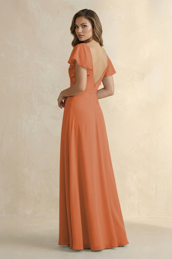 Ruffled V - Neck Chiffon A - Line Bridesmaid Dress in Terracotta - KissProm Bridesmaid Dresses