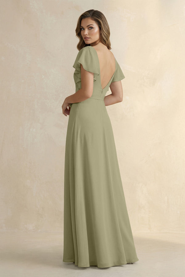 Ruffled V - Neck Chiffon A - Line Bridesmaid Dress in Thyme - KissProm Bridesmaid Dresses