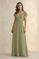 Ruffled V - Neck Chiffon A - Line Bridesmaid Dress in Thyme - KissProm Bridesmaid Dresses