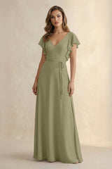 Ruffled V - Neck Chiffon A - Line Bridesmaid Dress in Thyme - KissProm Bridesmaid Dresses