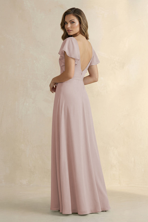 Ruffled V - Neck Chiffon A - Line Bridesmaid Dress in Toffee - KissProm Bridesmaid Dresses