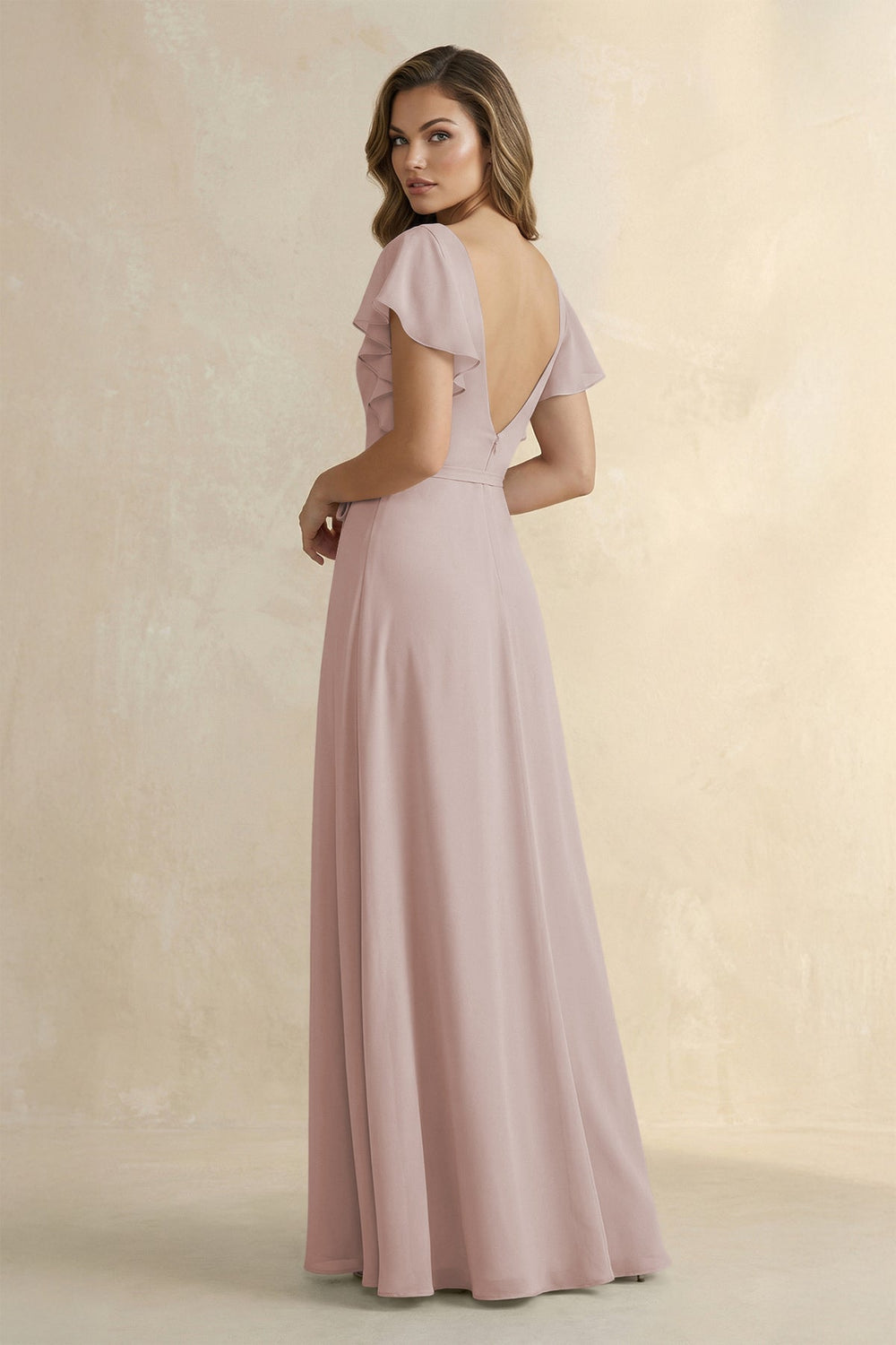Ruffled V - Neck Chiffon A - Line Bridesmaid Dress in Toffee - KissProm Bridesmaid Dresses
