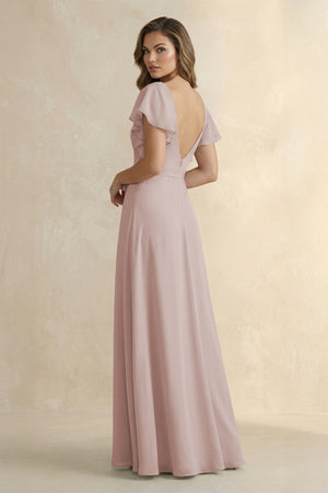 Ruffled V - Neck Chiffon A - Line Bridesmaid Dress in Toffee - KissProm Bridesmaid Dresses