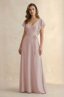 Ruffled V - Neck Chiffon A - Line Bridesmaid Dress in Toffee - KissProm Bridesmaid Dresses