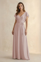 Ruffled V - Neck Chiffon A - Line Bridesmaid Dress in Toffee - KissProm Bridesmaid Dresses