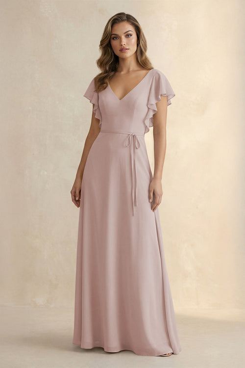 Ruffled V - Neck Chiffon A - Line Bridesmaid Dress in Toffee - KissProm Bridesmaid Dresses