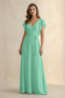 Ruffled V - Neck Chiffon A - Line Bridesmaid Dress in Turquoise - KissProm Bridesmaid Dresses