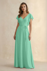 Ruffled V - Neck Chiffon A - Line Bridesmaid Dress in Turquoise - KissProm Bridesmaid Dresses