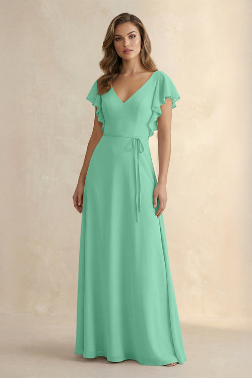 Ruffled V - Neck Chiffon A - Line Bridesmaid Dress in Turquoise - KissProm Bridesmaid Dresses