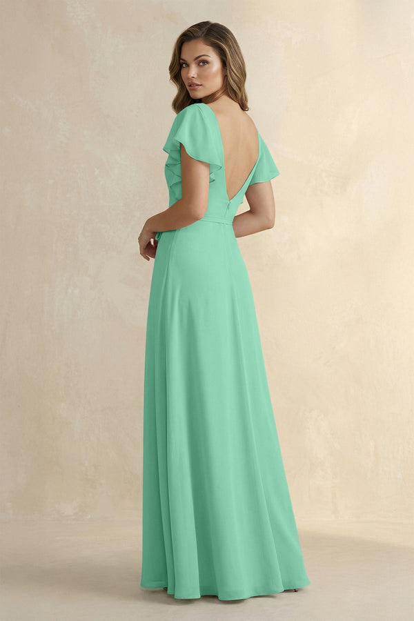Ruffled V - Neck Chiffon A - Line Bridesmaid Dress in Turquoise - KissProm Bridesmaid Dresses