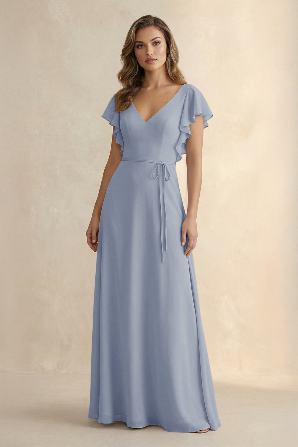 Ruffled V - Neck Chiffon A - Line Bridesmaid Dress in Twilight - KissProm Bridesmaid Dresses