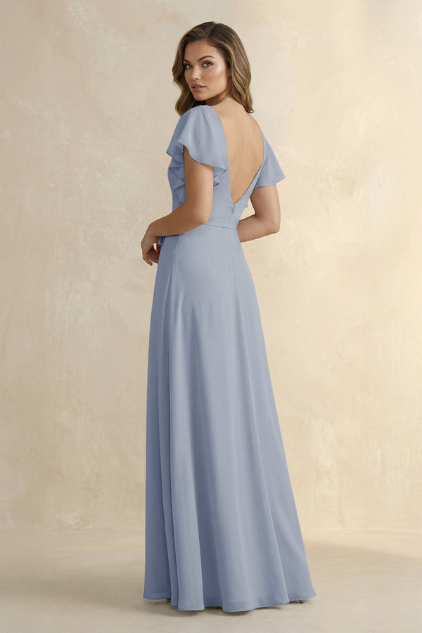 Ruffled V - Neck Chiffon A - Line Bridesmaid Dress in Twilight - KissProm Bridesmaid Dresses