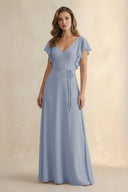 Ruffled V - Neck Chiffon A - Line Bridesmaid Dress in Twilight - KissProm Bridesmaid Dresses