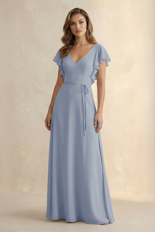 Ruffled V - Neck Chiffon A - Line Bridesmaid Dress in Twilight - KissProm Bridesmaid Dresses
