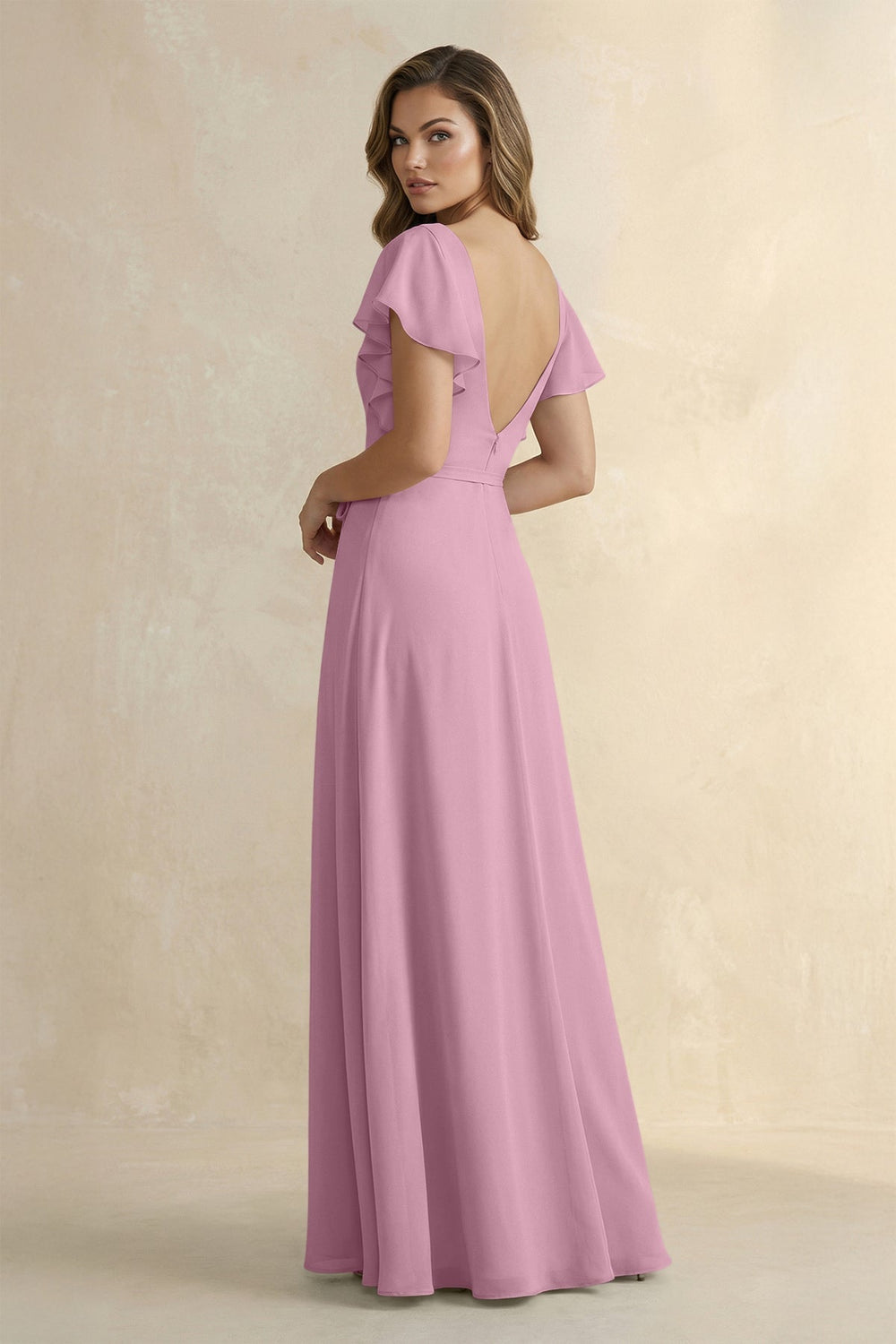 Ruffled V - Neck Chiffon A - Line Bridesmaid Dress in Vintage Mauve - KissProm Bridesmaid Dresses